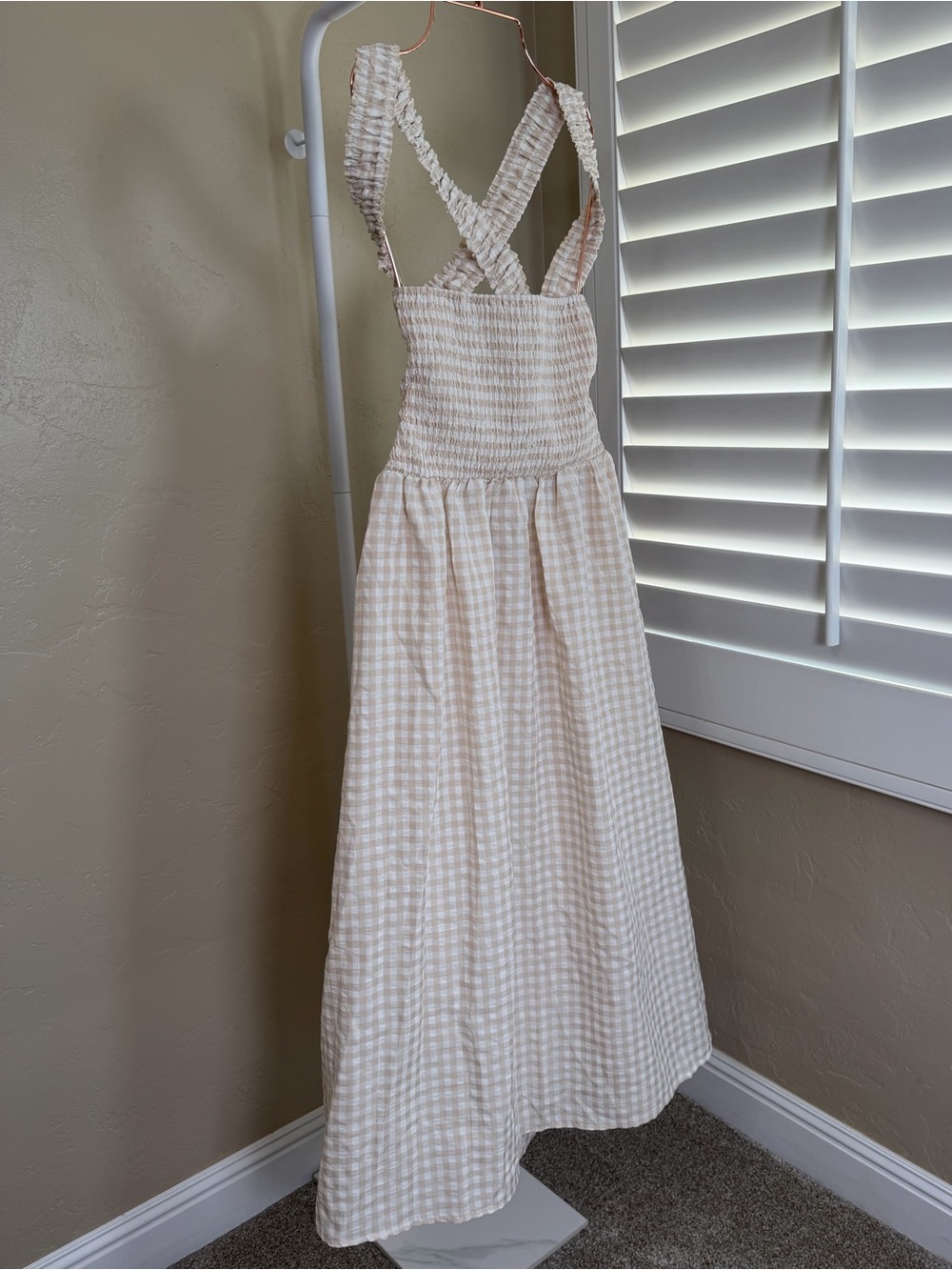 Commense Beige White Gingham Open Back Maxi Dress XL NWT Cotton Blend - Picture 5 of 11